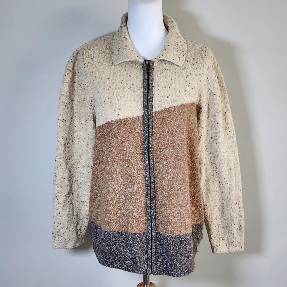 Zip Up Grandpa Cardigan Womens Large Brown Colorblock Knit Jacket Earthy Granola